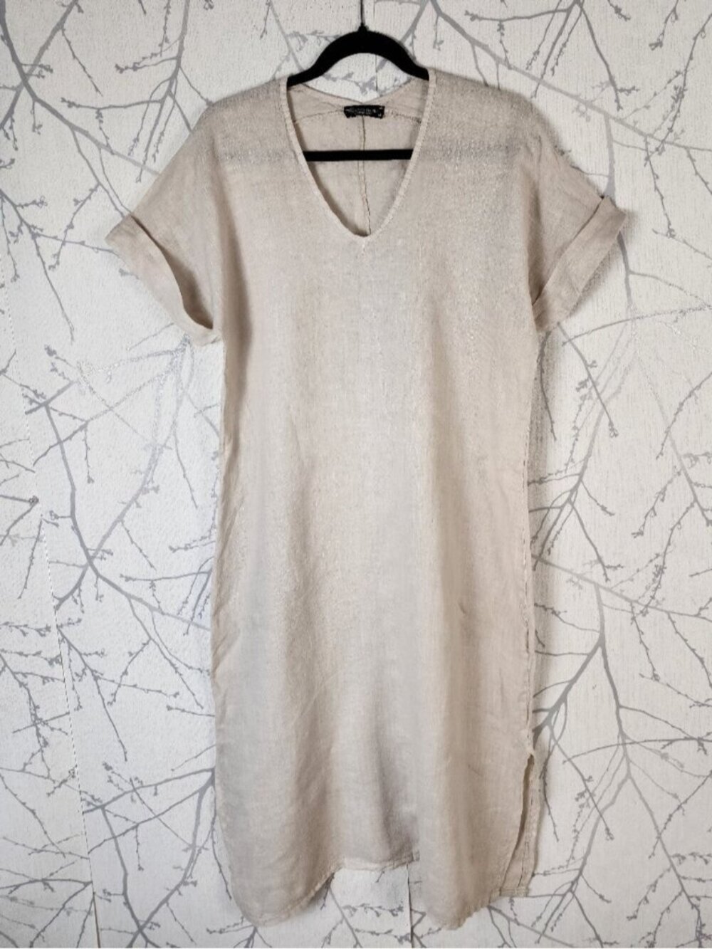Francesca Bettini Oatmeal 100% Linen V-Neck Midi Shirt Dress